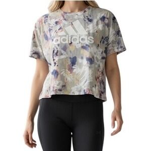 Adidas Womens Loose Fit Floral Crop T-Shirt Gray Blue Purple Large Logo Tee
